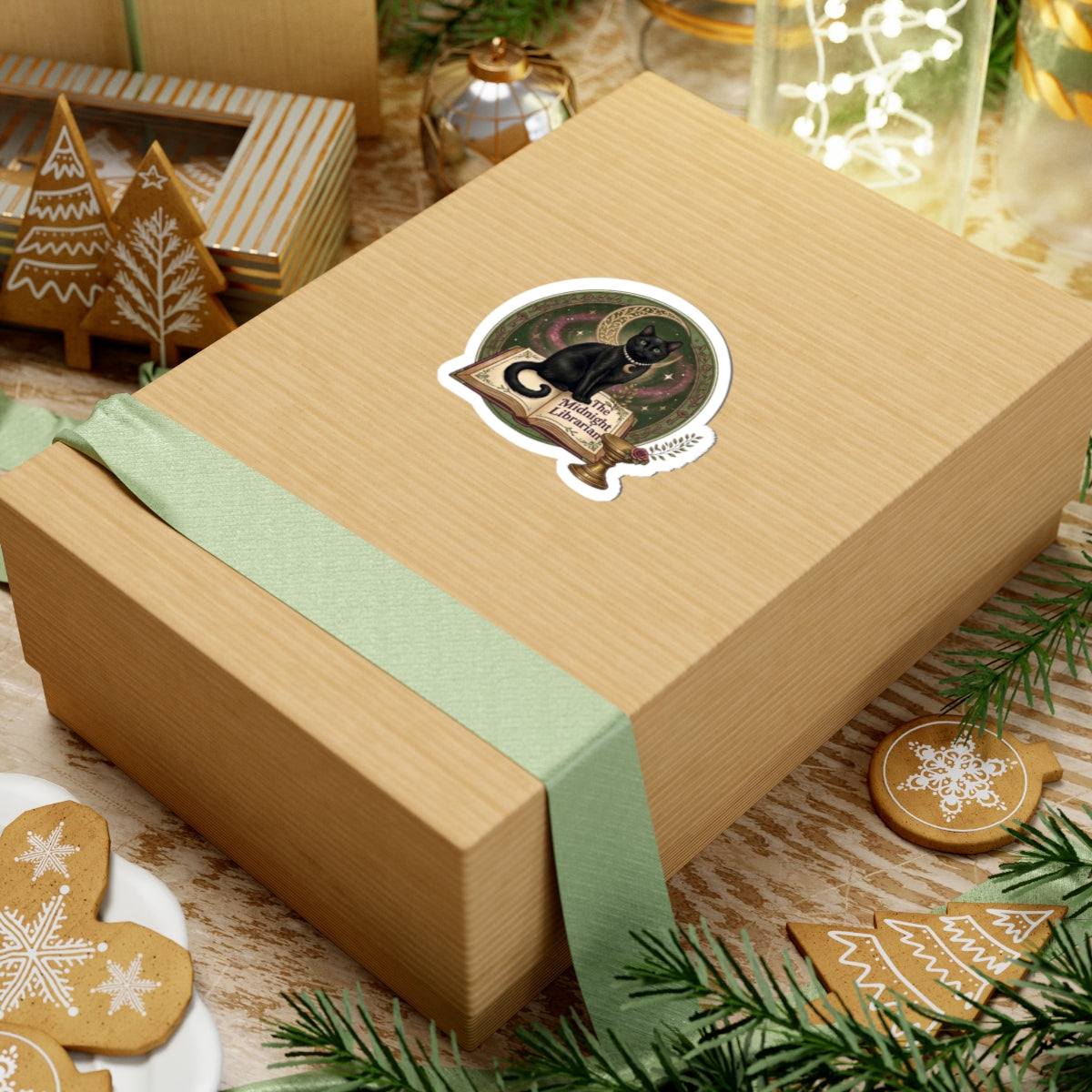 Midnight Librarian Cat Sticker — Witchy Black Cat on Open Book