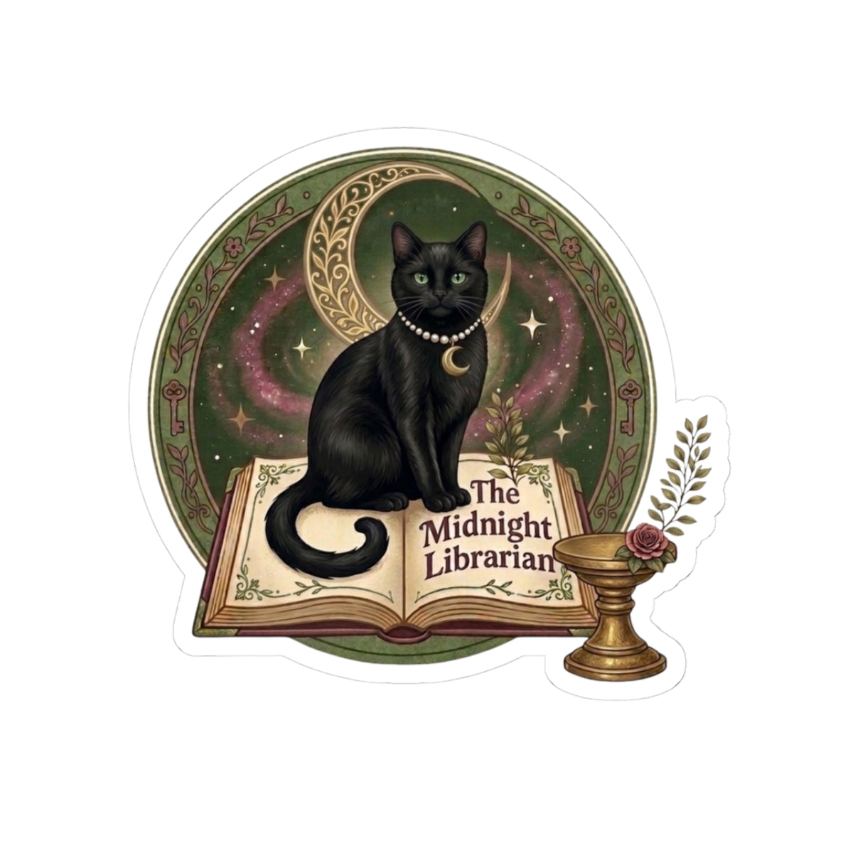 Midnight Librarian Cat Sticker — Witchy Black Cat on Open Book
