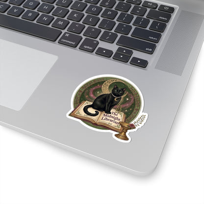 Midnight Librarian Cat Sticker — Witchy Black Cat on Open Book