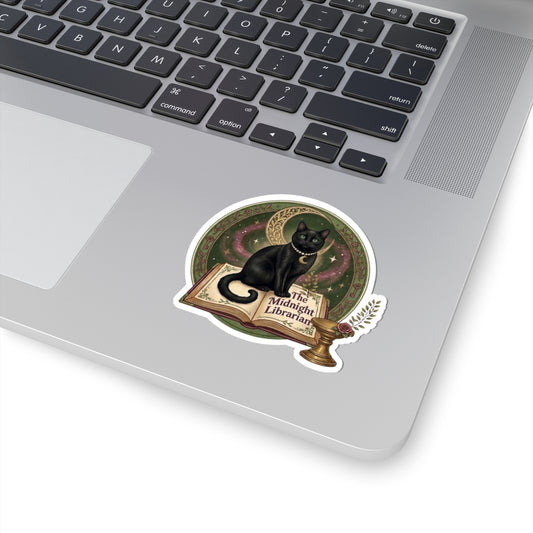 Midnight Librarian Cat Sticker — Witchy Black Cat on Open Book