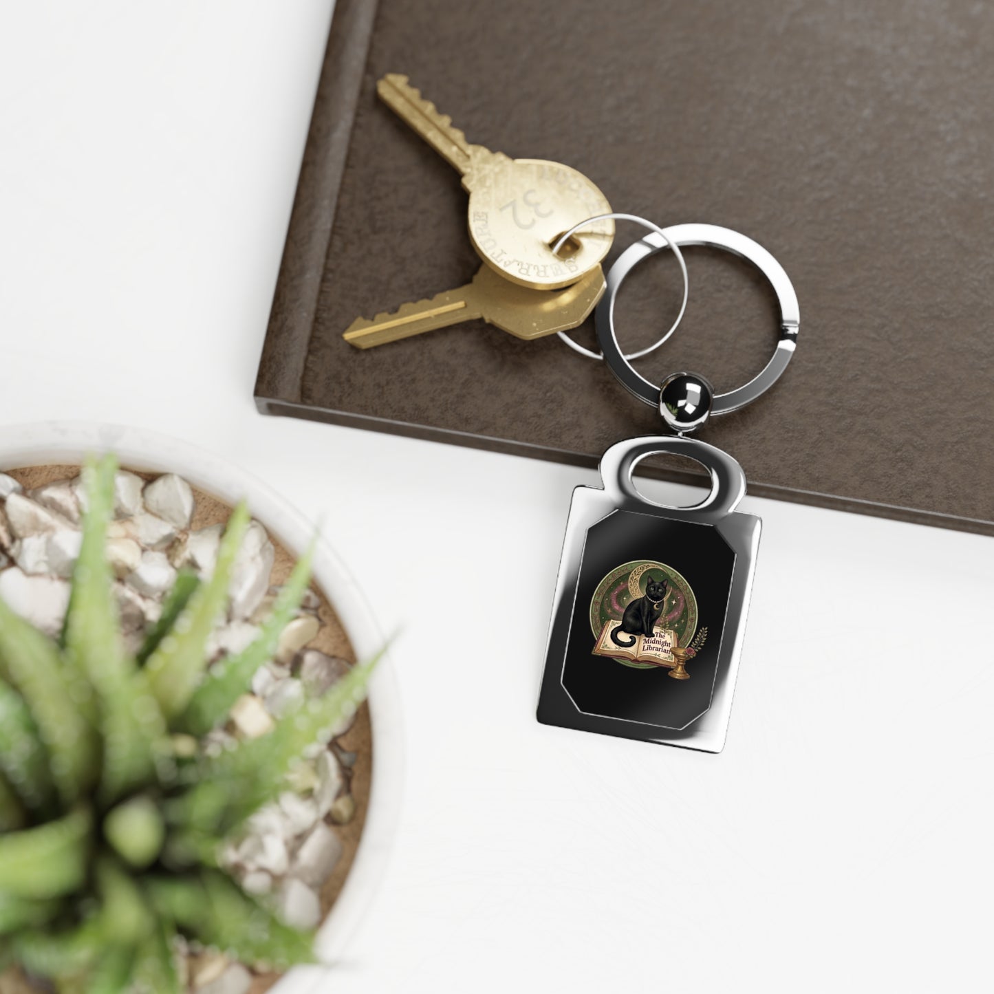 Black Cat Rectangle Photo Keyring — Cute Witchy Cat Keychain Gift