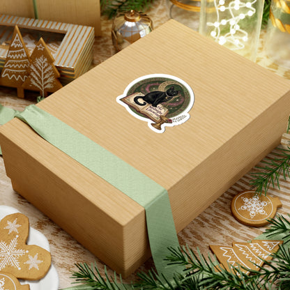 Midnight Librarian Cat Sticker — Witchy Black Cat on Open Book